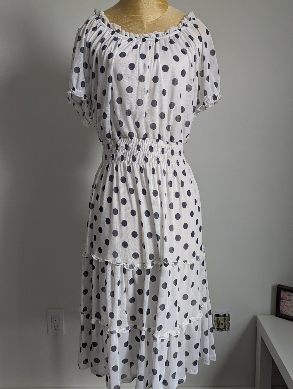 Kate & Lily White and Black Polka Dot Tiered Midi Dress Size 10P
